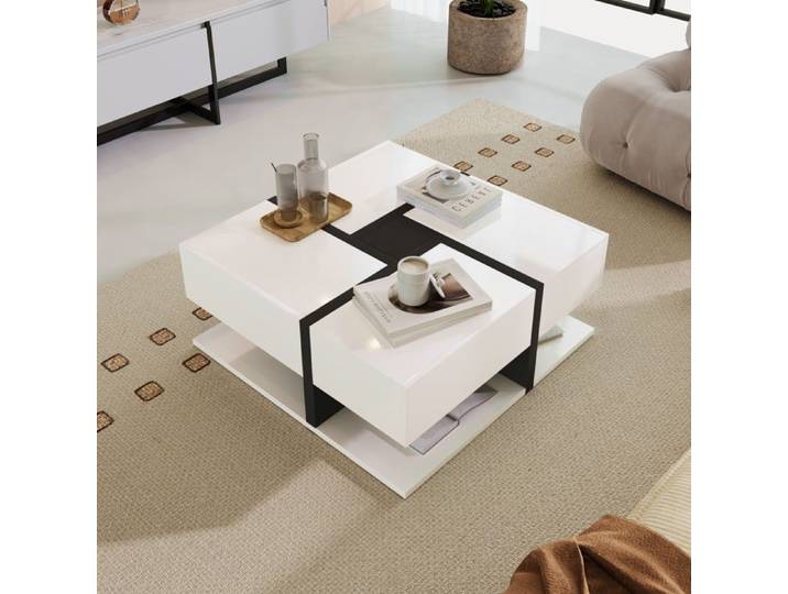 Table basse - TRUXEN8 - Bois brillant - 4 tiroirs - Design contemporain - 78x78x36cm