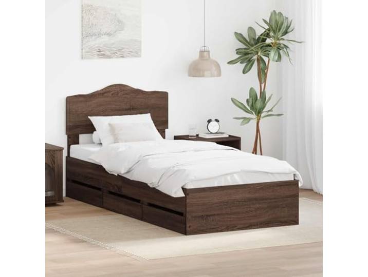 RJPLMFV Bettgestell, Eiche, Braun, 100 x 200 cm, Holz Mit versteckten Schubladen, großem Kopfteil, einfache Montage, einfache Reinigung