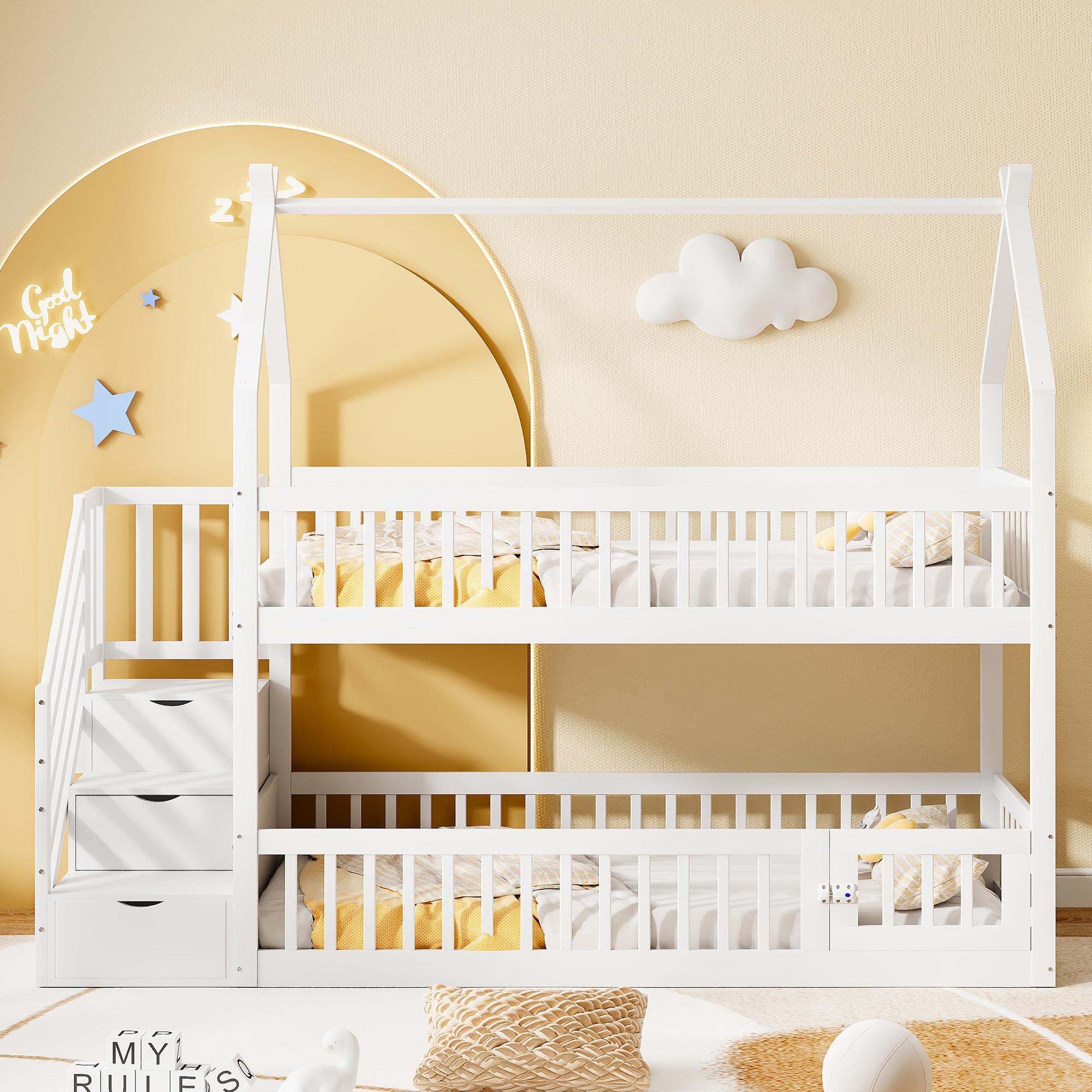 Kinder Etagenbett 90x200 cm Weiß, Kinderbett mit Dach im Hausstil, Etagenbett mit Stauraumschubladen, Massivholz