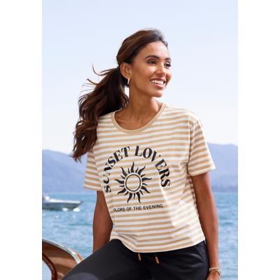 T-Shirt H.I.S, Damen, Gr. 40/42, braun (camelfarben gestreift), Web, Obermaterial: 100% Baumwolle, gestreift, figurumspielend hüftlang, Rundhals, normaler Saum, Shirts T-Shirt, gestreift mit Print, Loungewear