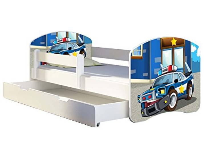 ACMA Kinderbett 180x80 Jugendbett mit Einer Schublade und Matratze, Rausfallschutz, Lattenrost Weiß, stabil, Kinderzimmer Bett, Jugendmöbel Design 38 Polizei