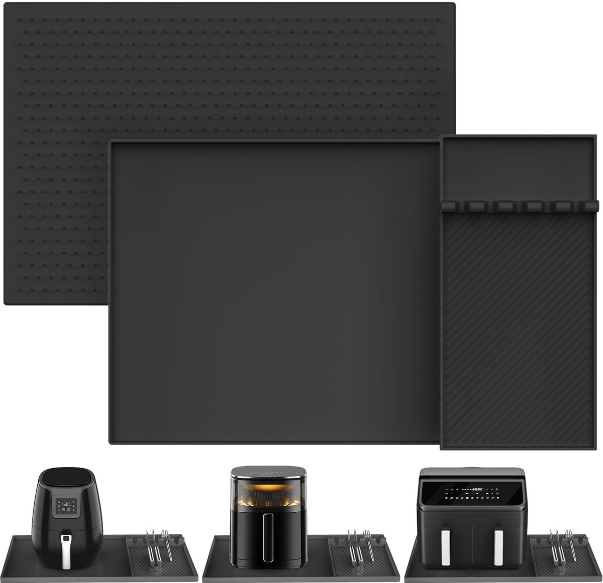 Hittebestendige siliconen mat met opbergrek voor airfryer-accessoires, zwart, Breedte: 60 cm, Diepte: 40 cm