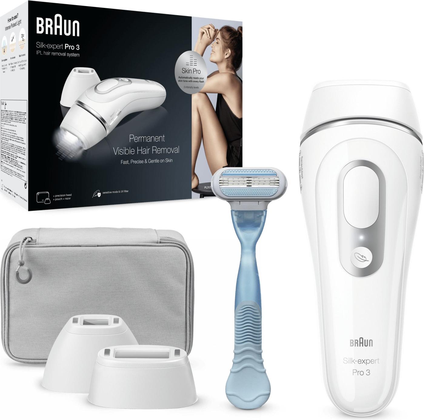 Braun Silk-expert Pro Silk expert Pro 3 PL3121, Silber, Weiß, Lichtimpulstechnologie (IPL), Vereinigtes Königreich, AC, 100 - 240 V, 1,17 kg