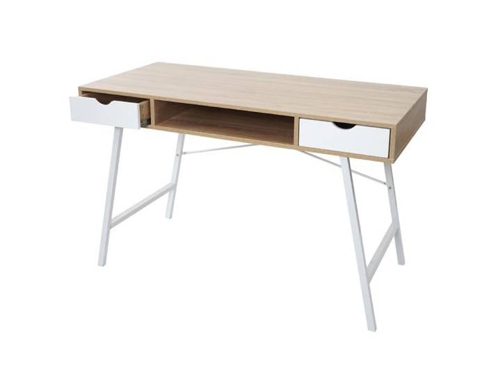 Bureau table d ordinateur design scandinave avec 2 tiroirs 120x60cm en MDF blanc et brun naturel 04_0001440