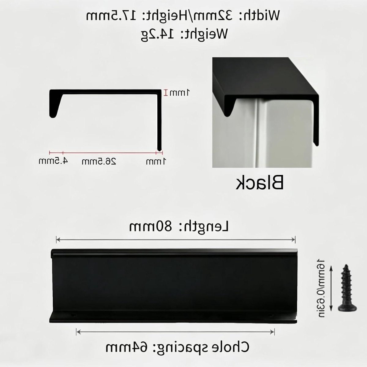 Set van 10 zwarte verborgen kastgrepen van aluminium legering, 80mm