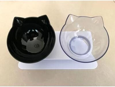 Uplift Essentials Double Cat Feeding Bowl With Non Slip Stand For Food And Water black Clear