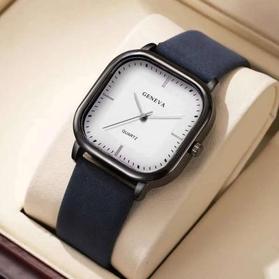 Uplift Essentials Men Square Minimalist Quartz Watch Leather Strap blue White