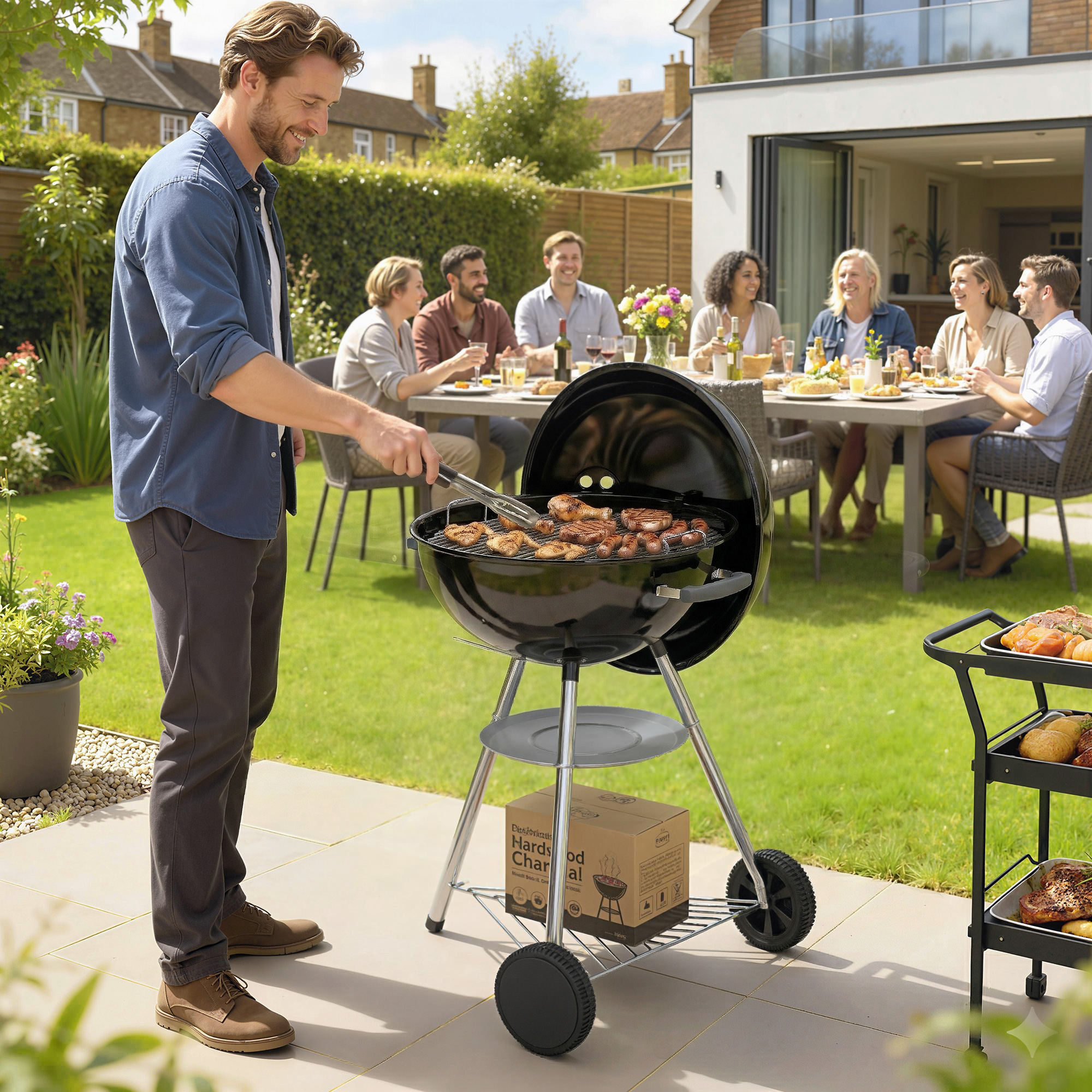 Outsunny barbecue portatile a carbone, griglia esterna rotonda con coperchio, termometro, ruote, nero.   Aosom Italy