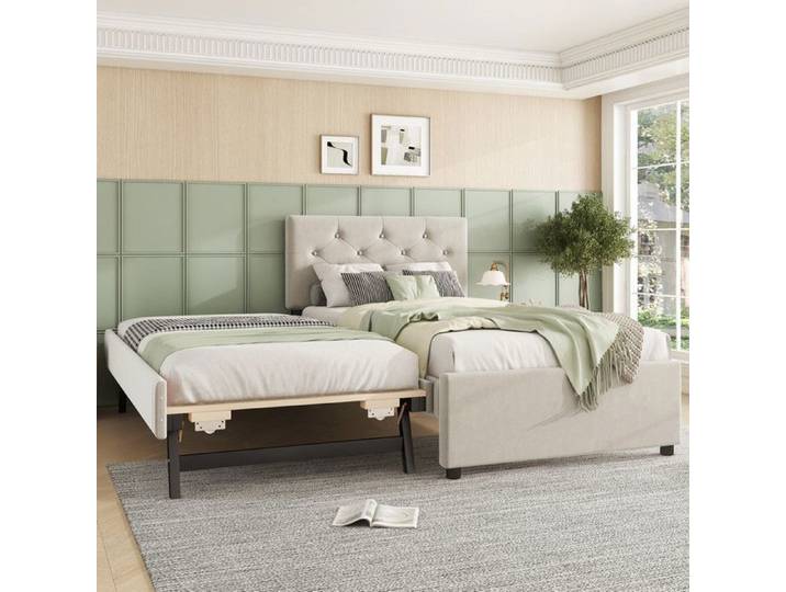 Lit Enfant - AUTREMENT - Lit Gigogne 90x200 cm - Velours Beige - Avec Tiroir - Sommier Inclus