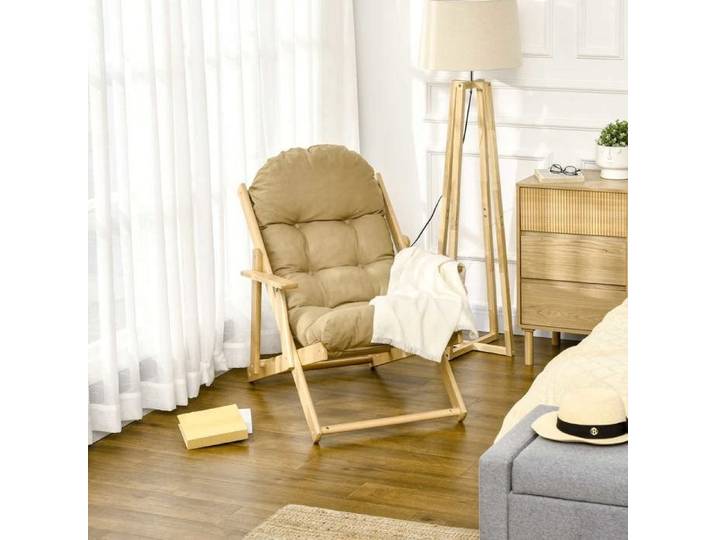 Fauteuil relax pliable - ZEVKOR - Fauteuil relax pliable - Dossier 3 positions - Tissu effet lin marron - Structure bois de hêtre
