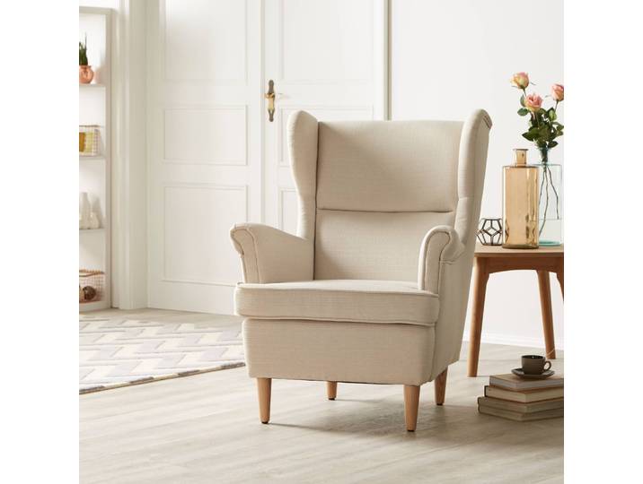 Ohrensessel II Webstoff Beige/Creme Webstoff ohne Hocker 73 x 108 x 90cm