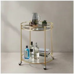 KADIMA DESIGN Goldener Servierwagen, mobiler Beistelltisch, Sicherheitsglas, Mehrzwecknutzung.