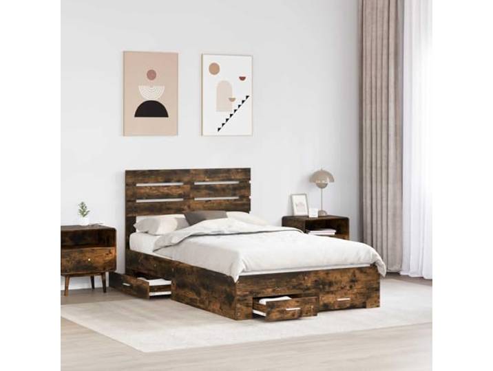 SKTQYQO Bettgestell, Eichengrau, 120 x 190 cm, mehrschichtiges Holz Mit integrierten Schubladen, modernes Design, Metallgriffe, einfache Reinigung