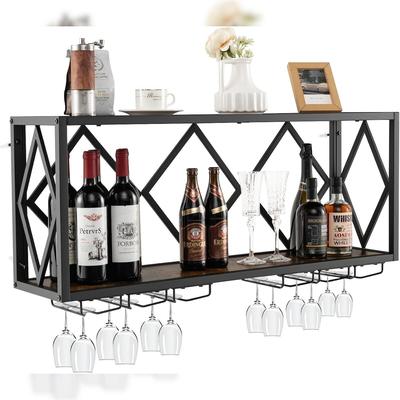 COSTWAY Wand‑Weinregal Industriestil, 2‑stufiges Regal mit Metallrahmen & Holzplatten, mit 6 Glashaltern, für Bar und Küche, 100x25x45cm