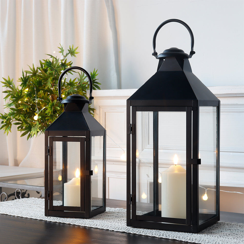 Breakwater Bay JHY DESIGN Set of 2 Metal Lanterns with Tempered Glass Farmhouse Candle Holders Black