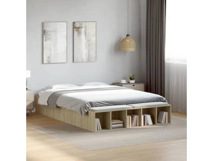 RJPLMFV Bettgestell, 135 x 190 cm, Eiche Sonoma Holz aus Holz, Aufbewahrungsfächer, Latten inklusive, modernes Design