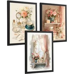 POSTER 3er-Set dekorative Badezimmerdrucke, romantischer Stil, Bilder mit Rosen, Parfums und Fenster, elegante, Wohndekoration Schwarzer Rahmen A4
