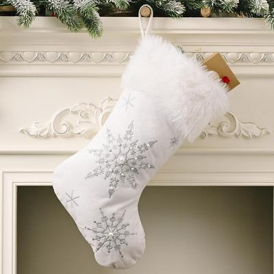 Snug & Styled Luxury Pearl Snowflake Christmas Stocking Plush Flannel Holiday Gift Sock Decor silver