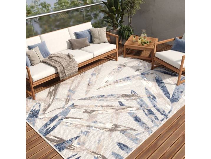 TAPISO Patio Tapis Intérieur Extérieur Terrasse Cuisine Bleu Beige Gris Résistant Sisal 120x170