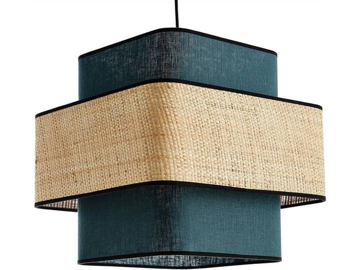 Suspension cube en lin bleu canard et rabane naturelle L35 cm TERA