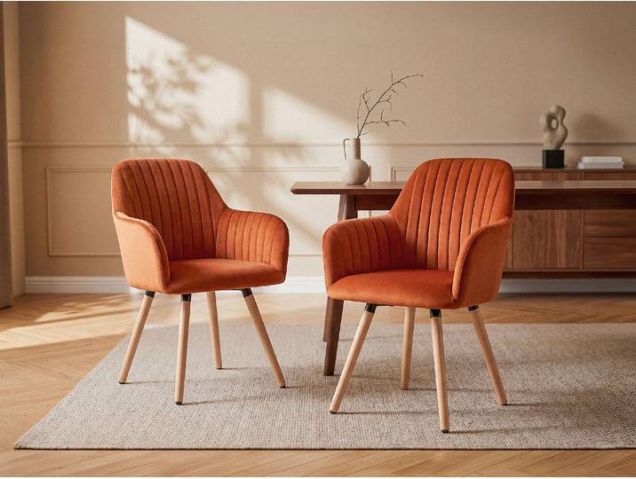 Stuhl mit Armlehnen 2er-Set - Samt & Metall in Holzoptik - Terracotta - ELEANA