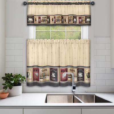 "Cozy Café Printed Tier & Valance Set by Achim in Tan (Size 24"")"