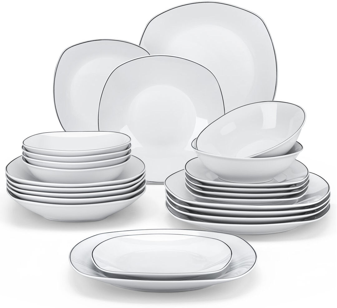 MALACASA 24 Pcs Porcelain Dinnerware Set, White Plate With Sliver Border, Service For 6 Person, Dinner Plate, Dessert Plate, Soup Plate And Bowl Set Black/White 24