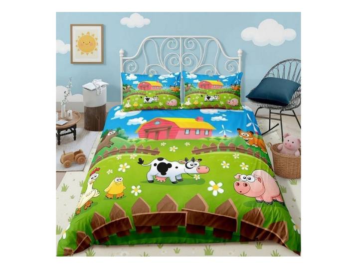 LuxusKollektion Kinderbettwäsche Bettwäscheset Kuh & Schwein 200x200cm Blau