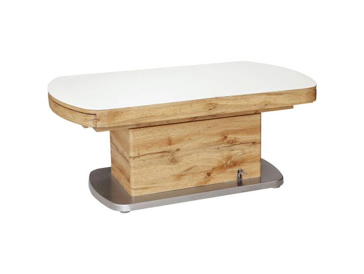 Novel Couchtisch, Weiß, Eiche, Edelstahl, Metall, Glas, oval, Säule, Bodenplatte, 75x50-78x120-180 cm, ausziehbar, einfacher Aufbau, Wohnzimmer, Wohnzimmertische, Couchtische, Couchtische Glas