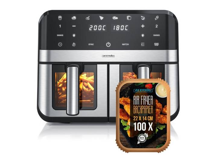 Arendo Heißluftfritteuse XXL Doppelkammer Airfryer 9L mit Backpapier & Zubehör, Dual Zone, 2400 W, Sichtfenster mit Beleuchtung, Umluftsystem, fettarmes gesundes Kochen