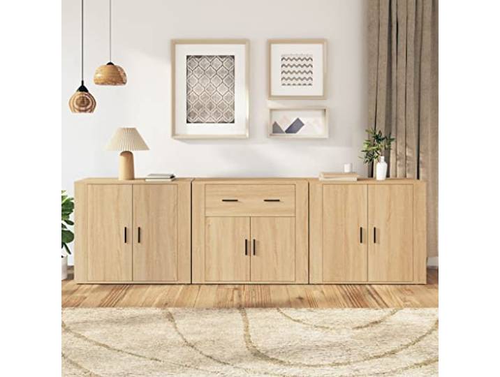 RJPLMFV Anrichte, 3-teilig, Eiche, Sonoma, Holz, Ingenierie Aufbewahrungsmöbel für Wohnzimmer, glatte Oberfläche, Feuchtigkeitsbeständigkeit, Wandbefestigung inklusive