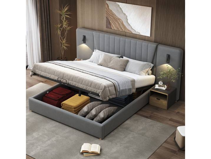 Lit rembourré avec tête de lit et rangement - 180x200 cm - Tête de lit extra longue - Lampes de lecture pivotantes