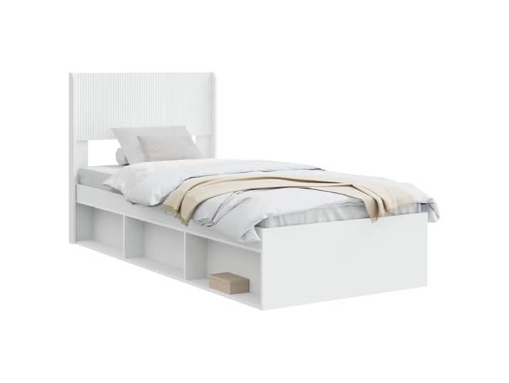 PUGYNBK Bettgestell mit weißem Kopfteil, integrierte Aufbewahrung Hochwertiges Holz, Lattenrost, ohne Boxspring, Reinigung mit feuchtem Tuch, einfache Montage
