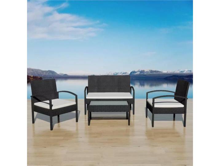 Ensemble de Meuble de jardin Salon de jardin 4 pcs avec coussins Résine tressée Noir