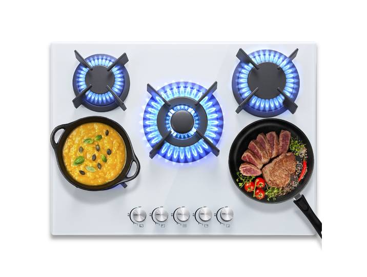Plaque De Cuisson Gaz 5 Feux\,70cm Avec Sécurité Thermocouple\,convient Pour Le Gaz Naturel/propane\,verre Blanc\,10400 W