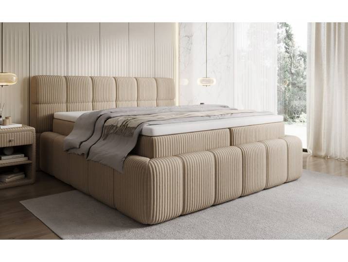 Boxspringbett Bombo in Cord mit Stauraum - 140x200 - Hellgrau - H4 (100kg+) - Luxusbetten24