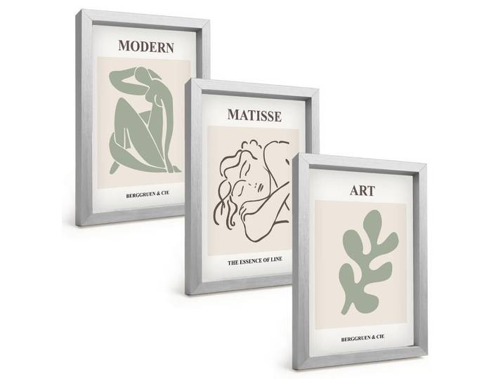 Tulup Bilder SET 3er Set - 20x30 cm Silberner Rahmen - Stilvolles Design mit Pflanzenmotiven, Silberfarben, Kunststoff, Rechteckig, 20x30 cm, Fotografie, Bilder & Rahmen, Bilder