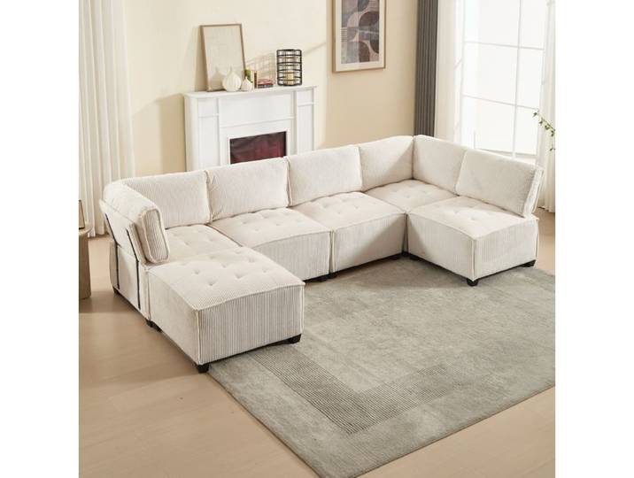 Canapé modulaire SENVIRO - 6 places velours côtelé composition libre 308x154x82cm beige