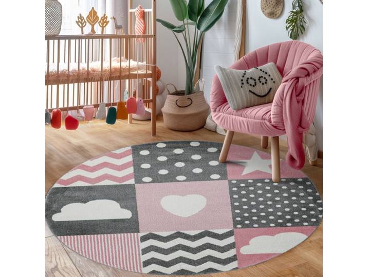Tapis - CARPETTEX - Modèle Enfant - Rond 160 cm - Motifs Carreaux - Couleurs Rose et Gris