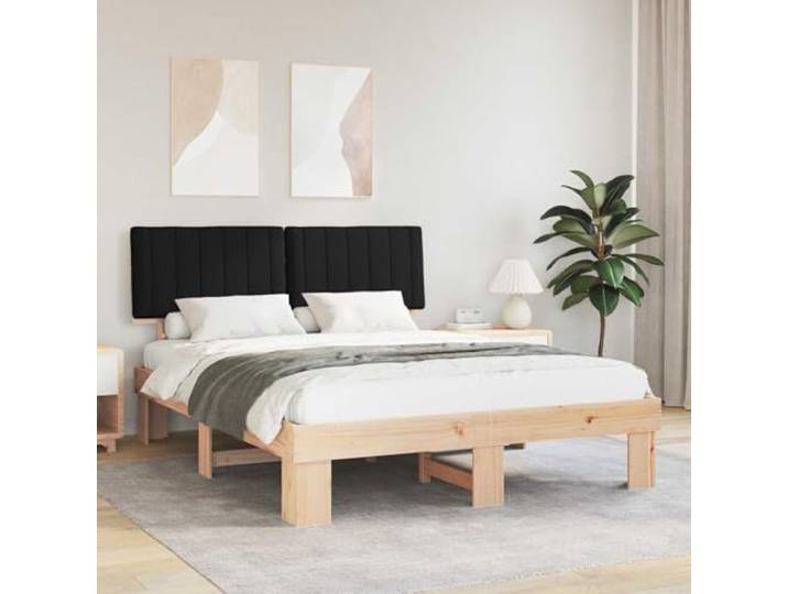 RJPLMFV Bettgestell, massives Kiefernholz, mit gepolstertem Kopfteil, Schwarz, 150 x 200 cm