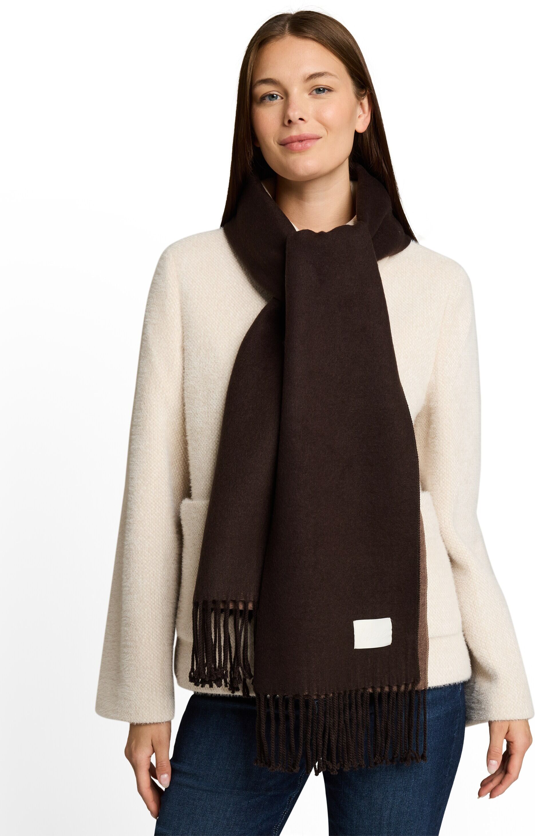 Schal TOM TAILOR, Damen, braun (java schwarz braun), Web, Materialmix, Modetücher Schal, mit Fransen java schwarz braun Einheitsgröße