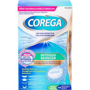 Corega Gebissreiniger Tabs Intensiv Reiniger, Minz Frisch, Täglicher Rundumschutz, 108 Tabs