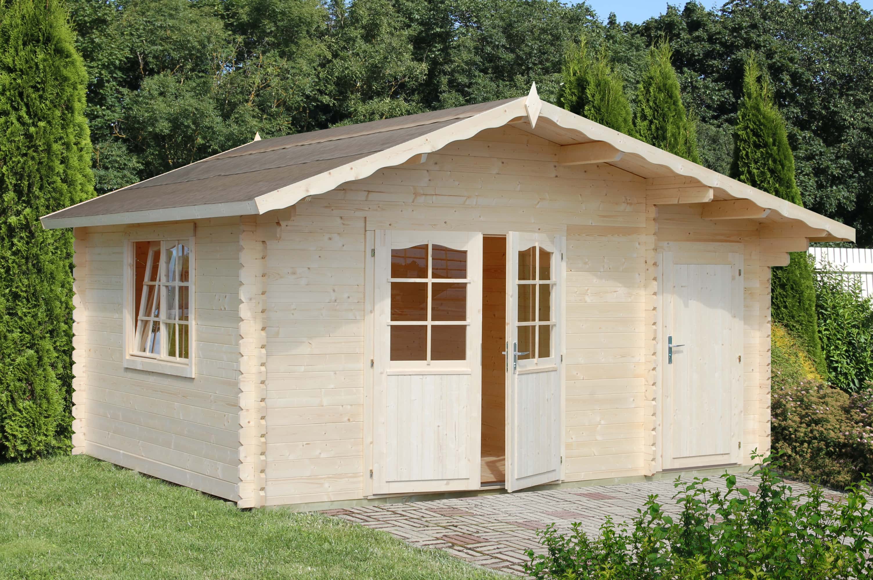 Palmako Gartenhaus Emma 14,2 m² aus Holz Gartenhütte Wandstärke: 34 mm Inklusive: Fußboden Geräteschuppen