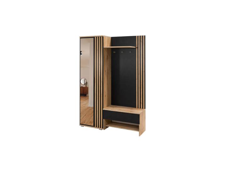 Deine Möbel 24 Garderobe Milano 140/200 in Eiche Wotan / Schwarz mit Lamellen, Schwarz, Eichefarben, 140x200x40 cm, Garderobe, Garderoben-Sets & Garderoben-Serien, Garderoben-Sets