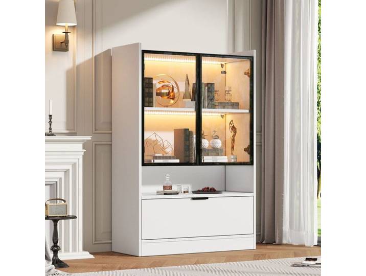 Vitrine LED blanche mate - portes en verre - porte abattante - 80x35x120 cm - 120 cm haut - appli - éclairage intégré