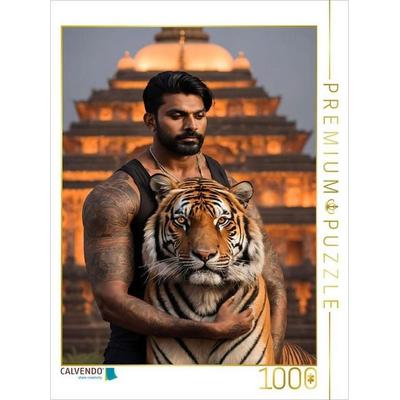 CALVENDO Puzzle Inder mit beeindruckendem Tiger vor beleuchtetem Tempel | 1000 Teile Lege-Größe 64x48cm Foto-Puzzle für glückliche Stunden