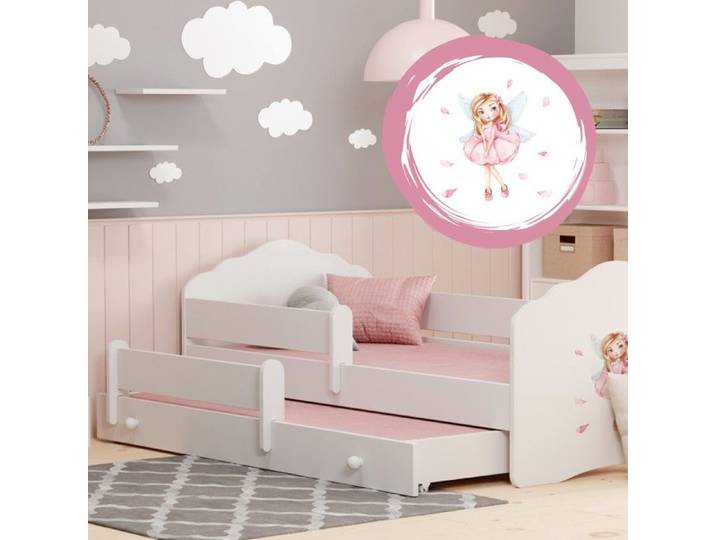 Lit gigogne double pour enfants FALA II 160x80 avec 2 matelas et 2 sommiers – avec motif de fillette avec des ailes