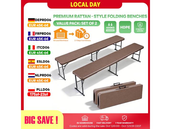Banc Pliant Extérieur 180cm Banc de Camping Portable Jardin HDPE Charge 400kg
