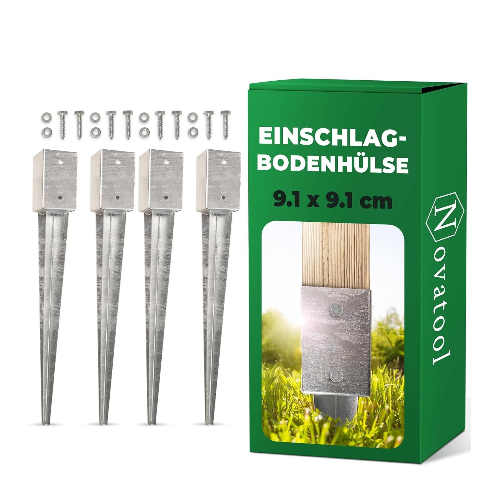 Novatool 4x Einschlagbodenhülsen-Set 91x91x750 mm , Bodenhülse Sonnenschirm Pfostenträger Zaunpfosten Holzpfosten Bodenhülsen Einschlaghülse Bodenanker Erdspieß zum Einschlagen , verzinkt , mit Schrauben