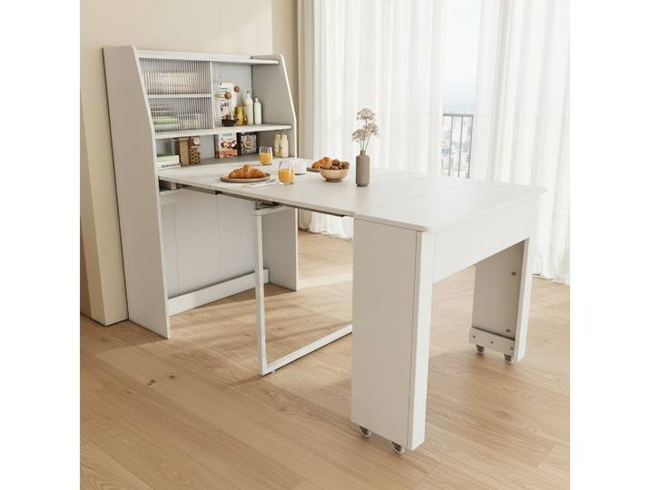 kowdom Klapptisch Ausziehbarer Esstisch & Couchtisch mit Stauraum, 52-132 cm, Weiß, Ausziehbar, Mit Stauraum, Multifunktional, Glasvitrine